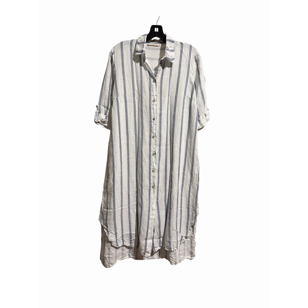 Milio Milano Dress Small 100% Linen Blue Striped Roll Tab Shirt Italy #D1-1